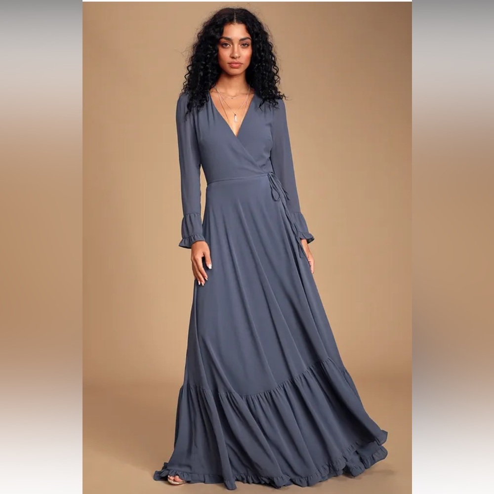 Lulu’s Slate Blue Chiffon Tiered Wrap Maxi Dress XS